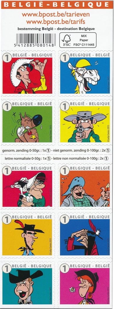 Bpost - Strips - 10 postzegels tarief 1 - Verzending België - Lucky Luke