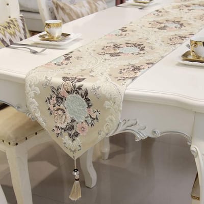 tafelloper luxe jacquard tafelloper met kwasten, ingewikkelde tafelloper geborduurd zijde & katoen,3 kleuren