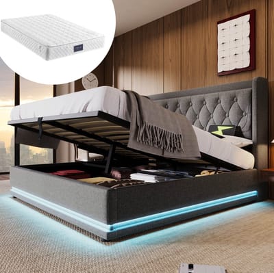 MEUNIQ tweepersoonsbed 160x200 cm met hydraulische opbergruimte, gestoffeerd hoofdbord met USB en Type-C, 3-zijdige LED-verlichting, grijs