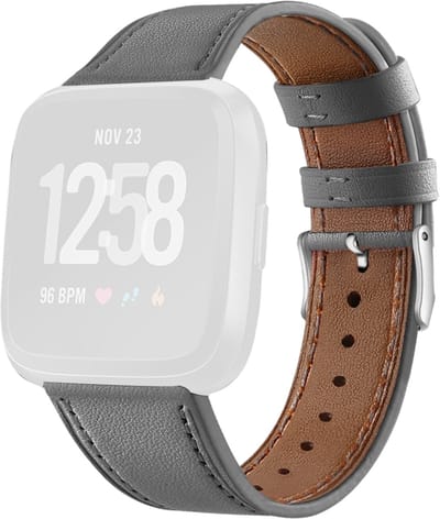 By Qubix - Compatible Fitbit bandje - geschikt voor Fitbit Versa 1 / 2 & Lite leren bandje - Grijs Smartwatchbandje bandje Armband Polsband Strap Band Watchband