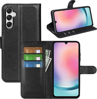 Geschikt voor Samsung Galaxy A25 5G - Kickstand - Kaarthouder - Magnetische Gesp - Hoesje met Siliconen Bumper - Zwart