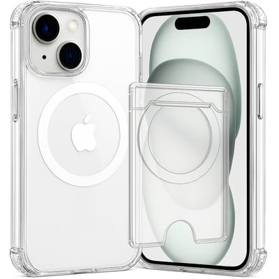 SnapSkin Hoesje & Pasjeshouder geschikt voor iPhone 14 Plus / 15 Plus - Geschikt voor MagSafe Case - Magnetische Kaarthouder - Transparant