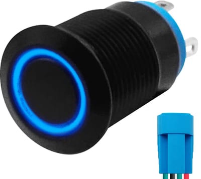 ProRide Metalen Drukschakelaar 12V ON-OFF - 12mm - Aan/uit schakelaar met Aansluitkabel - Spatwaterdicht - 12V/24V - LED Indicatie Blauw