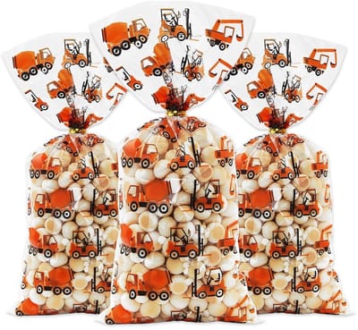 Dailygoods- Goodiebags 100 Stuks - Bouwthema - Graafmachine/Kraan - Candy Treat Bags - Gift Bags - Gouden Twist Ties - 27,5 x 12,5 cm - Traktatietassen