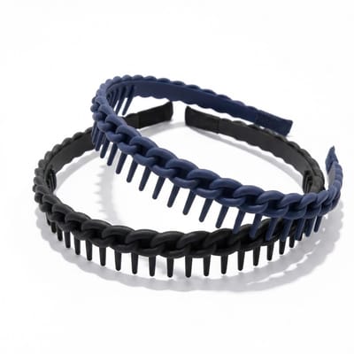 Set van 2 gevlochten haarbanden met tanden – zwart en donkerblauw – antislip unisex hoofdbanden