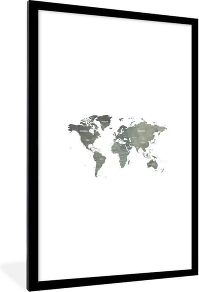 Poster in lijst - Fotolijst 80x120 cm - Posters - Wereldkaart - Grijs - Land - Posterlijst zwart - Decoratie - Wanddecoratie woonkamer - Muurdecoratie slaapkamer