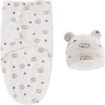 Ensemble Couverture d'emmaillotage pour Bébé 100% Coton Biologique avec Bonnet pour Nouveau-né Réglable Couverture d'emmaillotage pour Bébé 0-3 Mois (as the picture,50x73cm) white