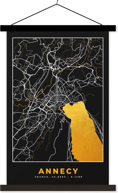 Posterhanger incl. Poster 40x60 cm - Schoolplaat - Kaart – Plattegrond – Annecy - Frankrijk – Stadskaart - Textielposter - Zwarte latten - Stadskaart