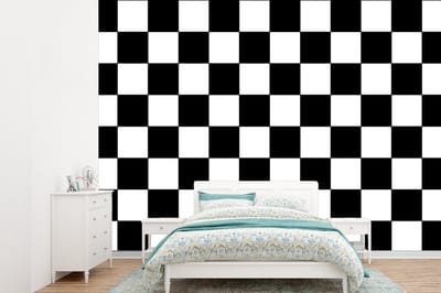 Behang - Fotobehang Schaakbord - Patronen - Zwart Wit - Breedte 360 cm x hoogte 260 cm