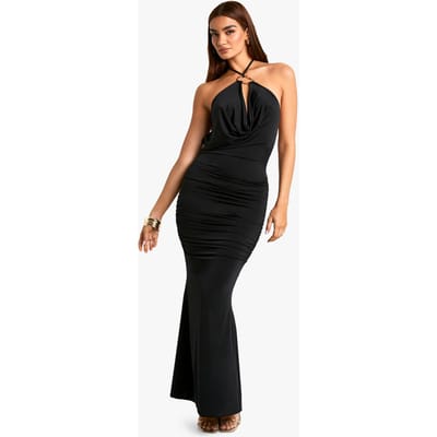 boohoo Dames Trim Detail Cowl Gerafelde Slinky Maxi Jurk | Zwart | Maat: 40