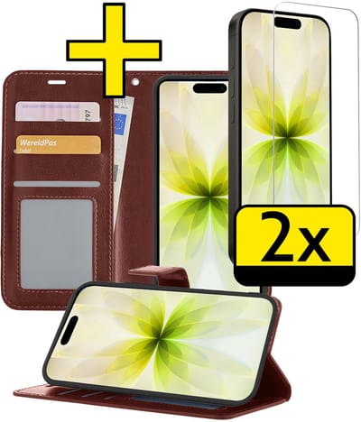 Hoesje - Met 2x Screenprotector - Geschikt voor Apple iPhone 17 - Luxe Pasjeshouder - Bookcase Portemonee - Flip Case - Kunstleer Book Case - Flipcase Hoes - Book Cover - Walletcase - Portemonneehoes - Telefoonhoesjes - Bruin