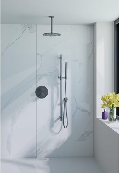 FugaFlow Eccelente Acces Inbouw Regendoucheset - rond - thermostatisch - plafondarm - glijstang - 25cm hoofddouche - staaf handdouche - gladde doucheslang - Geborsteld Gunmetal PVD