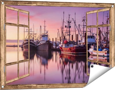 Gards Tuinposter Doorkijk Schepen in de Haven - Boten - 90x60 cm - Tuindoek - Tuindecoratie - Wanddecoratie buiten - Tuinschilderij