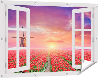 Gards Tuinposter Doorkijk Rode Rozen Bloemenveld met een Windmolen - 120x80 cm - Tuindoek - Tuindecoratie - Wanddecoratie buiten - Tuinschilderij