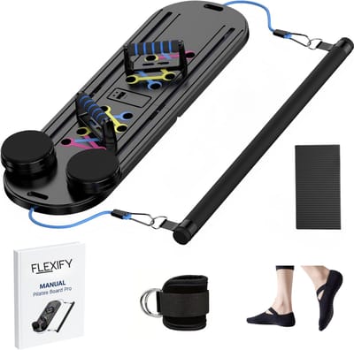 Flexify® Pilates Board Pro – Complete Pilates Reformer Set – Inclusief Kniemat, Pilates Sokken en Enkelband – 28-Dagen Schema – Zwart