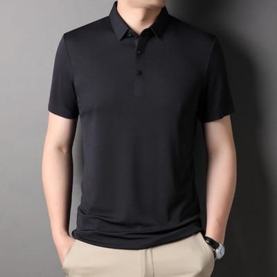 Nouveau T-shirt à Manches Courtes Décontracté Business pour Homme T-shirt de Fond Col Revers Ample Fin Haut Sans Repassage Vêtements de Papa XXXXL black