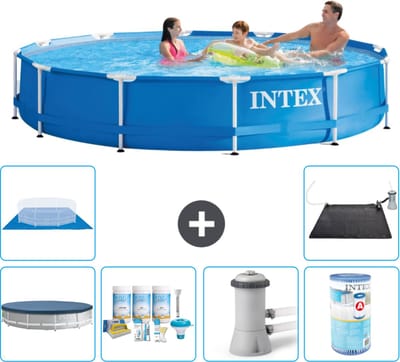 Intex Rond Frame Zwembad - 366 x 76 cm - Blauw - Inclusief Afdekzeil - Onderhoudspakket - Zwembadfilterpomp - Filter - Grondzeil - Solar Mat - 7-delig