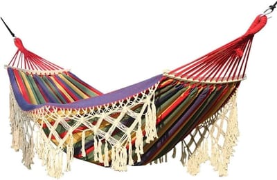 Hangmat Outdoor - Schommelhangmat Canvas - Ontspannen Buiten - Met Houten Spreidstang - 200 x 150 cm - Veelkleurig