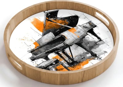 Dienblad rond 40x40 cm - Schootdienblad hout - Piano - Oranje - Zwart - schets lijnen - Borrelplank rechthoek - Plateau houten dienbladen