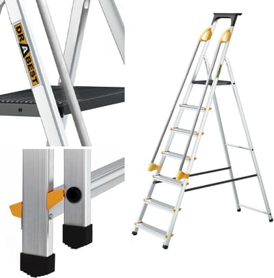 Aluminium Opstapladder 7 Trappen - Vouwladder met Veiligheidsreling en Tot 150kg Belastbaarheid