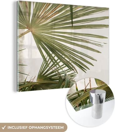 MuchoWow® Glasschilderij 160x120 cm - Schilderij acrylglas - Bladeren - Palmblad - Tropisch - Zomer - Foto op glas - Schilderijen