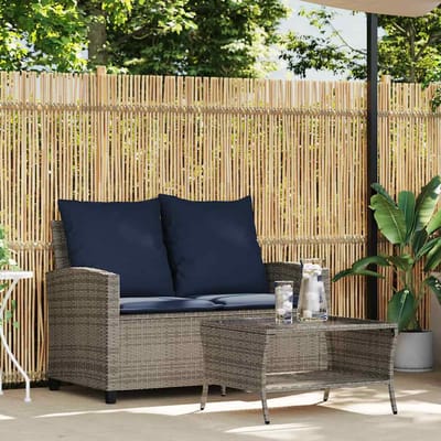 vidaXL - Tuinbank - 2-zits - met - kussens - & - tafel - poly - rattan - grijs