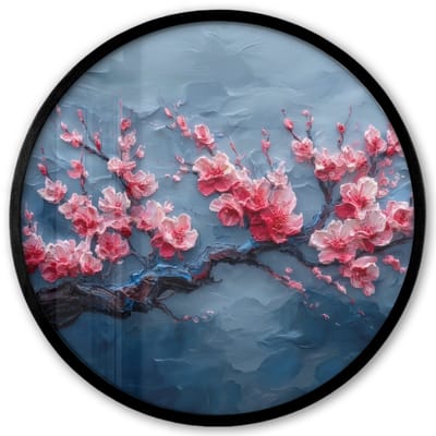 Poster in lijst Rond - Fotolijst 40x40 cm - Posters - Bloesem - Bloem - Roze - Tak - Ronde posterlijst zwart - Decoratie - Wanddecoratie woonkamer - Muurdecoratie slaapkamer