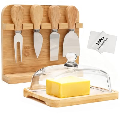 Dailygoods- Boterschotel met Boterplank - 5 Stuks - Bamboe/Glas - Inclusief Kaasmessen - Vetafstotend Boterbroodpapier - Modern Design - Botervloot
