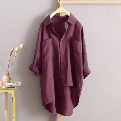 Dames Losse Grote Maat Middellange Linnen Top Katoen Linnen Lange Mouw Shirt 3XL gray