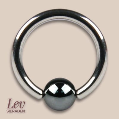 Lev Sieraden - Titanium 1.6 x 18 mm Bal Closure Ring piercing met Hematit clip in balletje BCR - Piercing ring