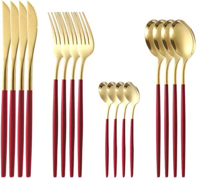QTTVBTNA - 16-Delig RVS Bestek Set - Service voor 4 Personen - Rood-Gouden Messen, Vorken en Lepels - Afwasmachinebestendig Eetgerei & Tafelservies - Duurzaam Keukengerei voor Dagelijks Gebruik - Rood Goud