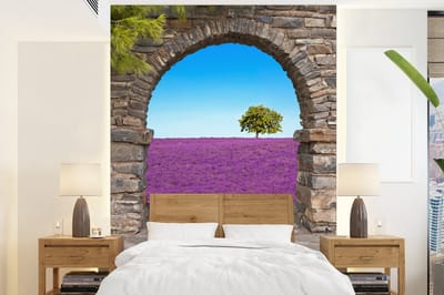 Behang - Fotobehang Bloemen - Lavendel - Boom - Doorkijk - Breedte 190 cm x hoogte 260 cm