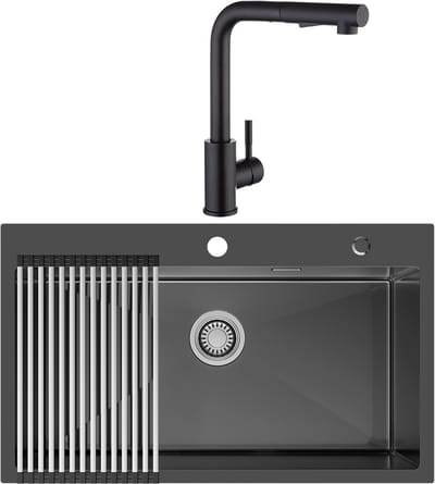 CECIPA max Spoelbak Antraciet / Gun Metal (75x45CM) - Spoelbak Keuken Met Keukenkraan - Spoelbakken Keuken - Spoelbak Met Afdruiprek - Incl. Sifon en Afvoerzeefje - RVS