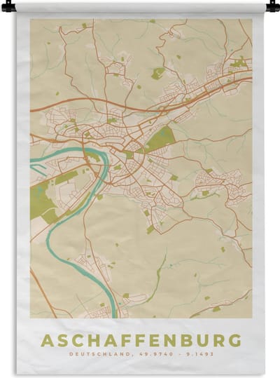 Wandkleed - Wanddoek - Plattegrond - Vintage - Afschaffenburg - Kaart - Stadskaart - 120x180 cm - Wandtapijt