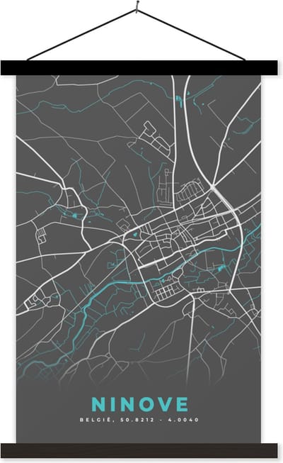 Posterhanger incl. Poster 40x60 cm - Schoolplaat - België – Ninove – Stadskaart – Kaart – Grijs – Plattegrond - Textielposter - Zwarte latten - Stadskaart