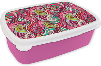 Broodtrommel Roze - Lunchbox - Brooddoos - Bloemen - Bladeren - Regenboog - Hippie - Design - 18x12x6 cm - Kinderen - Meisje