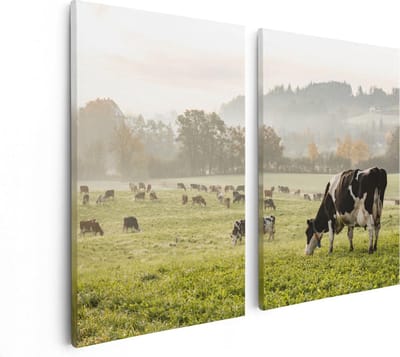 Artaza Canvas Schilderij Tweeluik Zwart Witte Koeien In De Wei - 80x60 - Foto Op Canvas - Canvas Print
