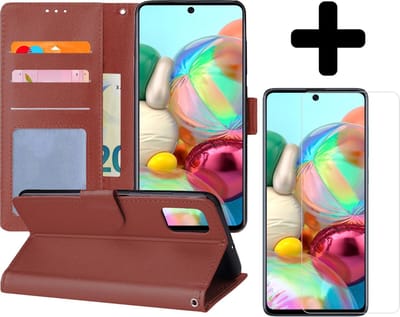 Hoesje - Met Screenprotector - Geschikt voor Samsung Galaxy A71 - Luxe Pasjeshouder - Flipcase - Bookcase Portemonee - Flip Case - Kunstleer Book Case - Book Cover - Walletcase - Portemonneehoes - Telefoonhoes - Bruin