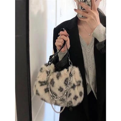 Nieuwe Tas van Luipaardprintbont voor Dames in Herfst en Winter Zachte en Pluizige Tas Modieuze en Veelzijdige Schoudertas Crossbodytas gray