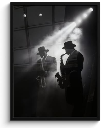 Poster in lijst - Fotolijst 50x70 cm - Posters - Saxofonisten - Hoeden - Rook - Licht - Posterlijst zwart - Decoratie - Wanddecoratie woonkamer - Muurdecoratie slaapkamer