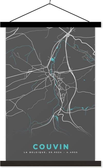 Posterhanger incl. Poster 40x60 cm - Schoolplaat - Stadskaart – Grijs - Kaart – Couvin – België – Plattegrond - Textielposter - Zwarte latten - Stadskaart