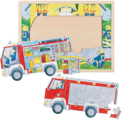 Puzzel: BRANDWEER aan het WERK 40x30x1cm, 59-delig, met 2 lagen, hout, 3+