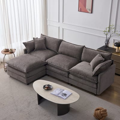 MODFU Hoekbank – L-vormig – 267x154x85 cm – 3-zits met poef – modulair & verstelbaar – ideaal voor woonkamer – zachte chenille bekleding – comfortabele sofa – grijs