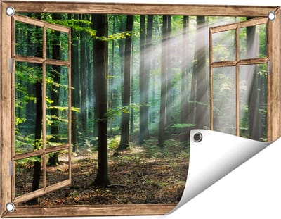 Gards Tuinposter Doorkijk Bos met Zon tussen de Bomen - 60x40 cm - Tuindoek - Tuindecoratie - Wanddecoratie buiten - Tuinschilderij