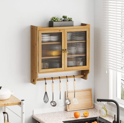 MEUNIQ wandkast 63 x 18 x 60 cm met dubbele glasdeur, 3 opbergvakken en hangstang, wandmontage voor badkamer, keuken of eetkamer, naturel