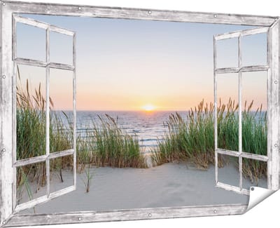 Gards Tuinposter Doorkijk Zee vanuit Duinen met Zonsondergang - 180x120 cm - Tuindoek - Tuindecoratie - Wanddecoratie buiten - Tuinschilderij