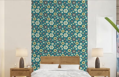 Behang - Fotobehang Retro - Bloemen - Patronen - Blauw - Breedte 140 cm x hoogte 220 cm