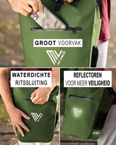 Thijox - MIVELO Fietstas Bagagedragertas Waterdicht 100% PVC-vrij Laptopvak Schouderriem Olijfgroen 1 Stuks Geschikt voor Fietsen, Vakanties en Dageli