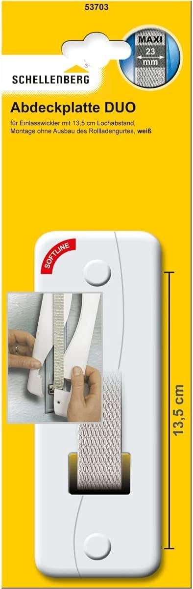Schellenberg 53703 Afdekplaat voor rolgordijnband, gatenafstand 13,5 cm, eenvoudige installatie zonder de band te verwijderen, DUO Maxi afdekplaat, voor bandoprollers en verzonken oprollers, wit