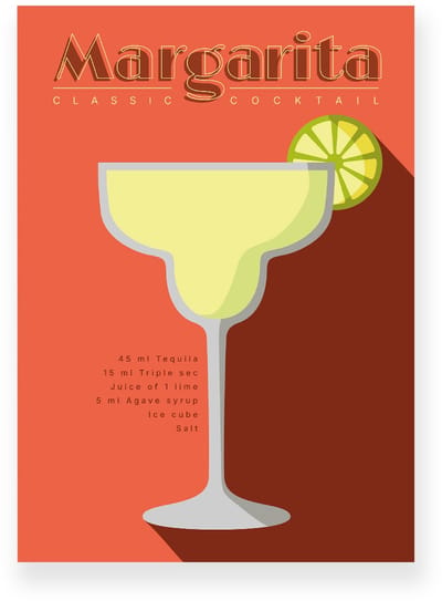 Poster 20x30 cm - Margarita - Cocktail Recept - Geel - Oranje - Retro - Art deco - Muurdecoratie - Wanddecoratie